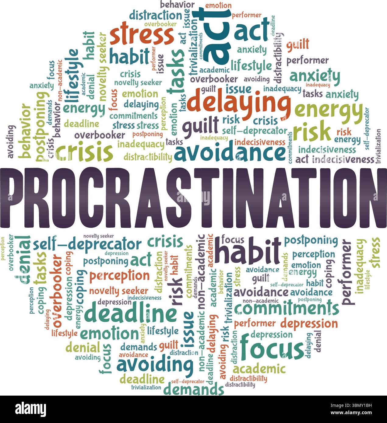 Procrastination word cloud conceptual design isolated on white background. Stock Vector