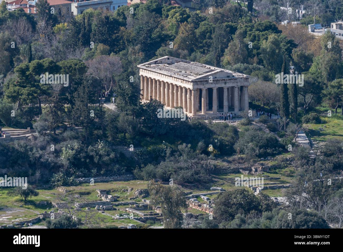 Aerial view of the Temple of Hephaestus and the Ancient Agora, Athens, Greece Stock Photo