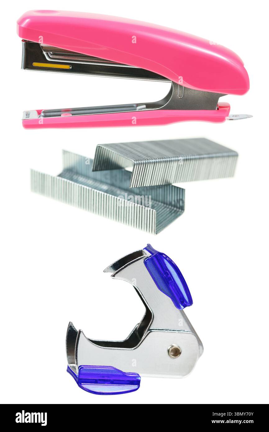 It is Stapler,staples,staple remover isolated on white. Stock Photo