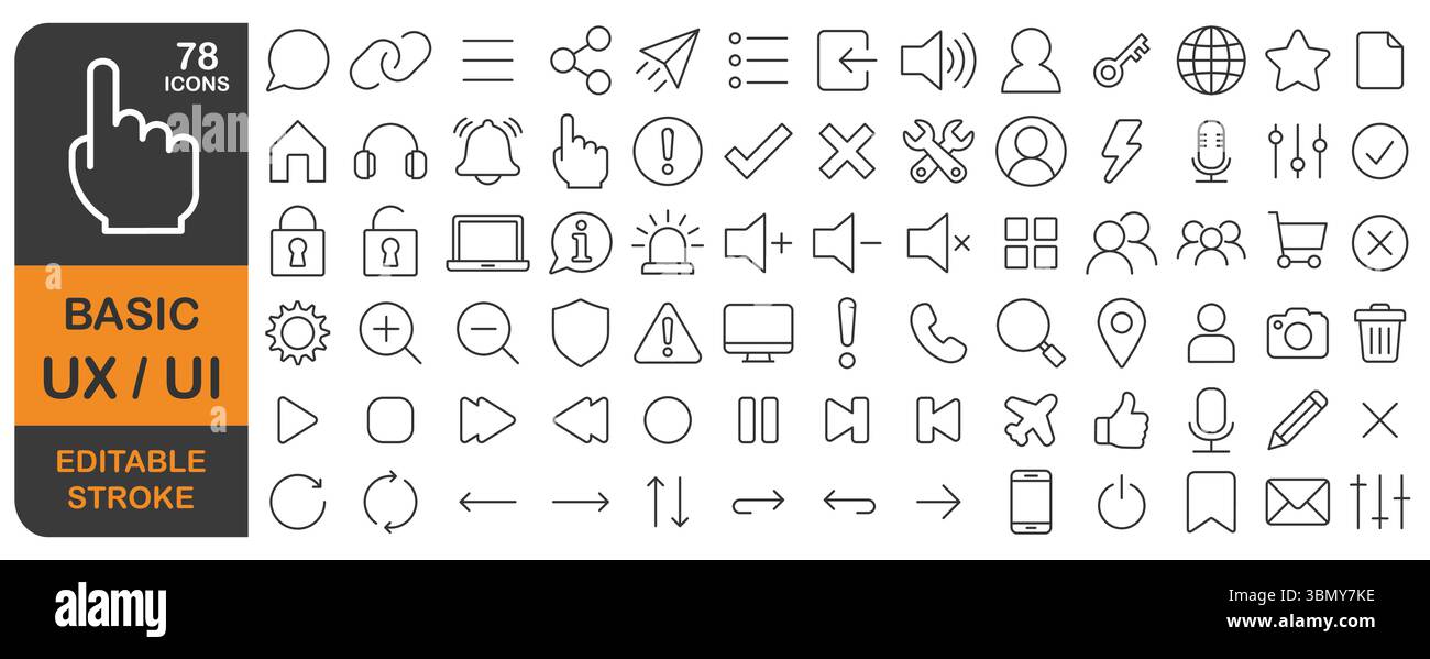 Basic UX UI editable stroke line icons set. Thin line User interface web icon, website, mobile app , linear icon collection. Vector illustration image Stock Vector