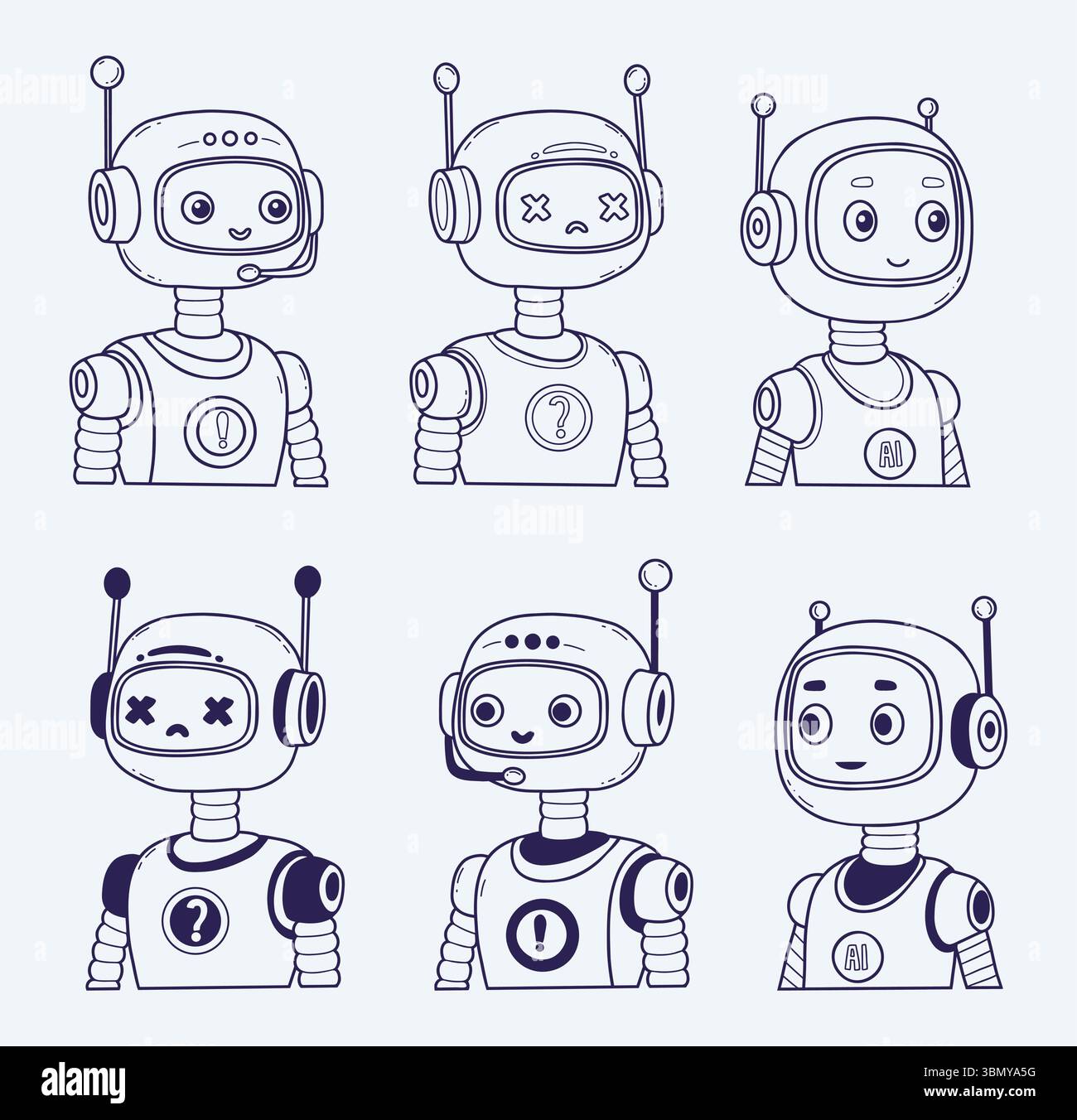 Chatbot Face, Robot, Assistant AI set. Outline hand drawing Avatar ...