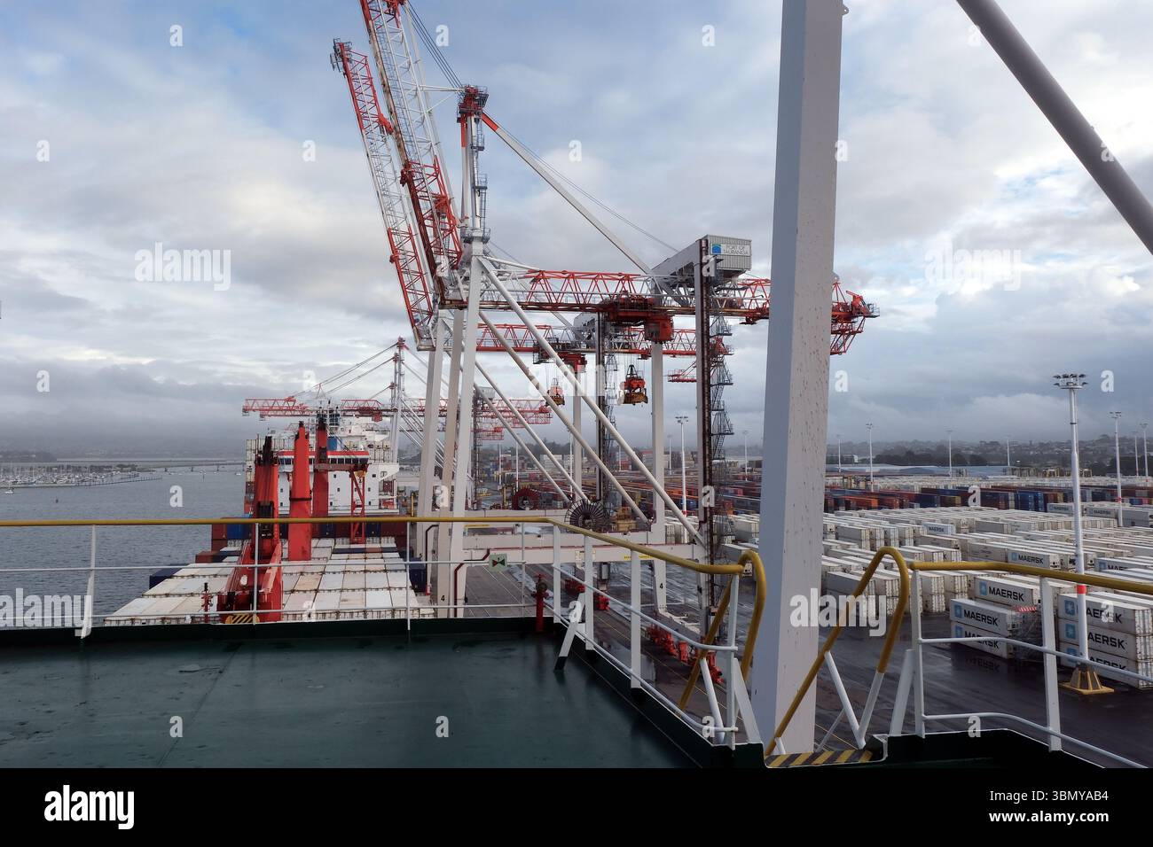 Vessel with containers and cranes during cargo operation by gantry ...