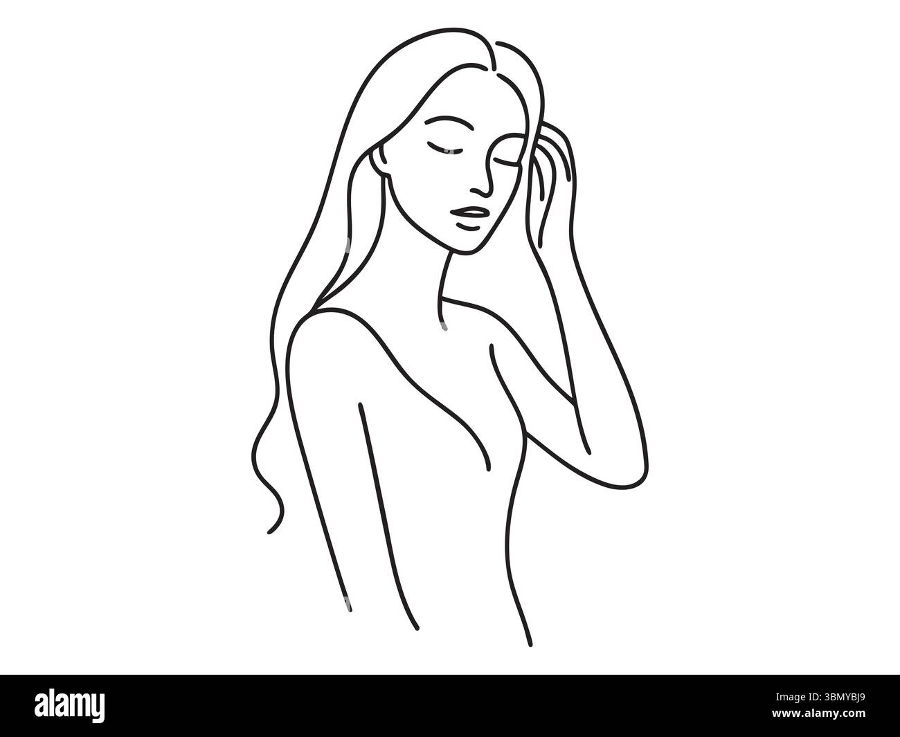 Black outline of woman in relaxed pose, long hair, eyes closed, hand in hair, isolated on white background, minimalistic graphic illustration. concept Stock Vector