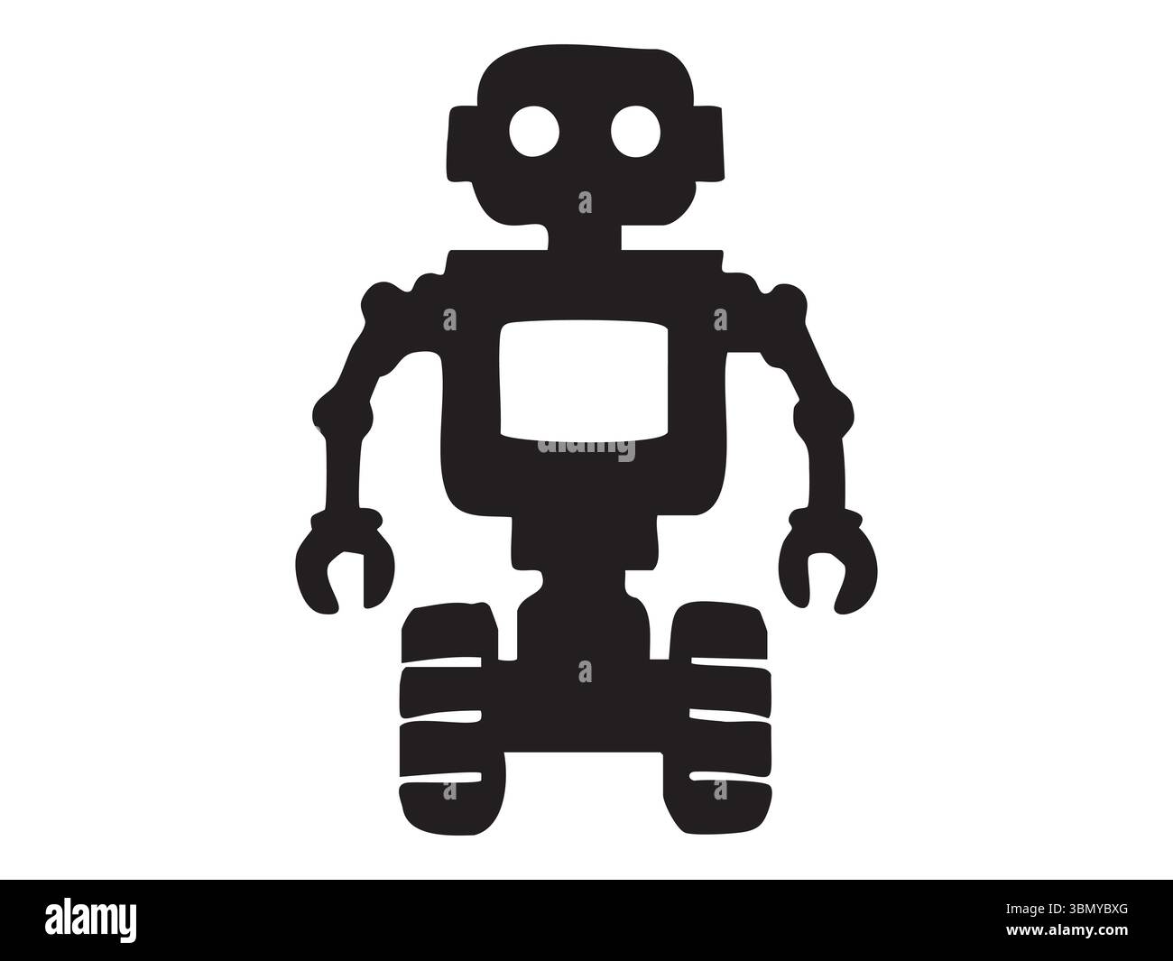 Black silhouette of robot toy with distinct features, isolated on white background, graphic illustration. concept of futuristic toy, sci-fi character, Stock Vector
