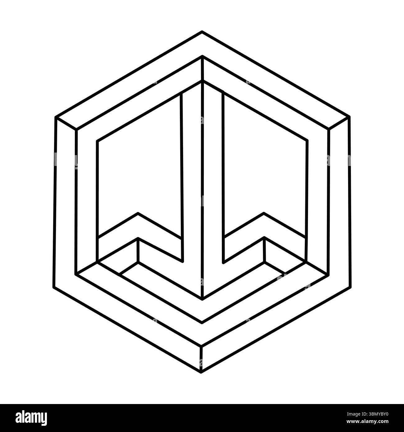 Geometric hexagon. Abstract design element. Science or construction concept. Black outline 3D vector object. Optical illusion figure. Impossible shape Stock Vector