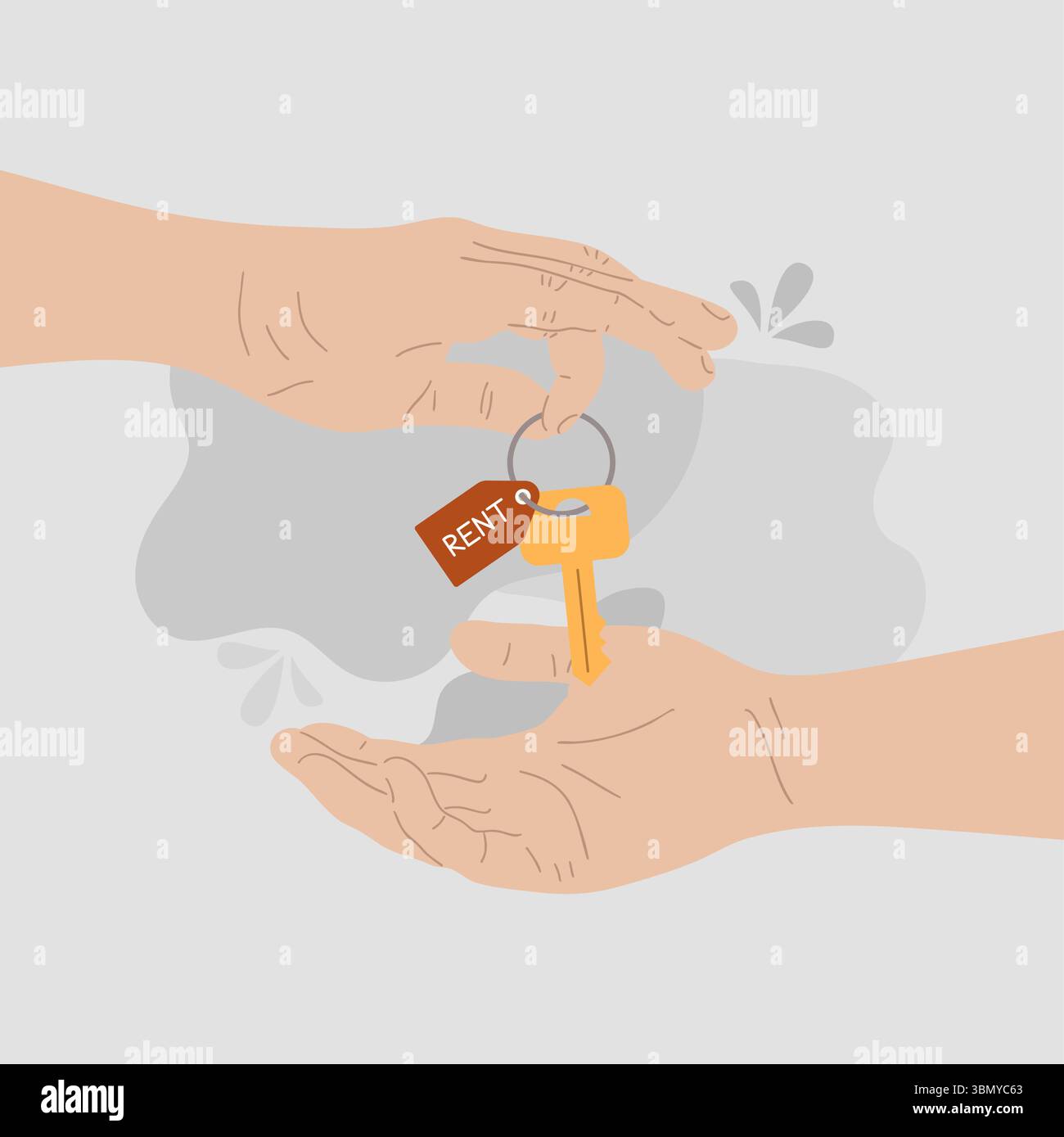 Close-up illustration of one hand handing over keys to another hand ...