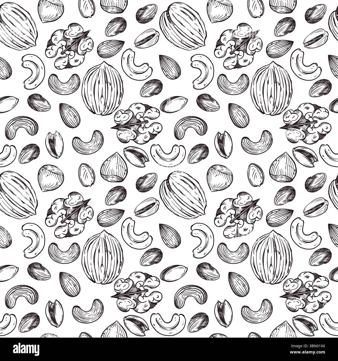 Seamless vector pattern. Nuts, walnuts, hazelnuts, cashews, almonds, and pistachios, all objects are hand-drawn in vector. For printing on fabric Stock Vector