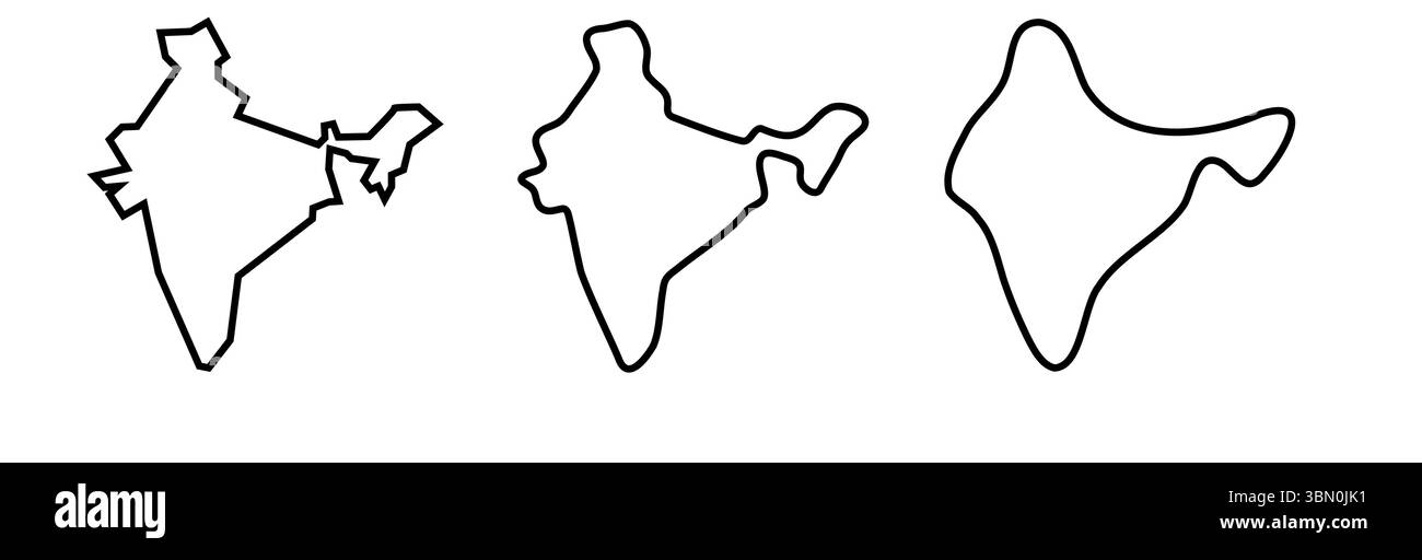 India country black outline silhouettes in three different levels of smoothness. Simplified maps. Vector icons isolated on white background. Stock Vector