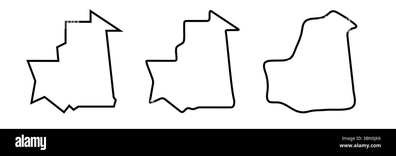 Mauritania country black outline silhouettes in three different levels of smoothness. Simplified maps. Vector icons isolated on white background. Stock Vector