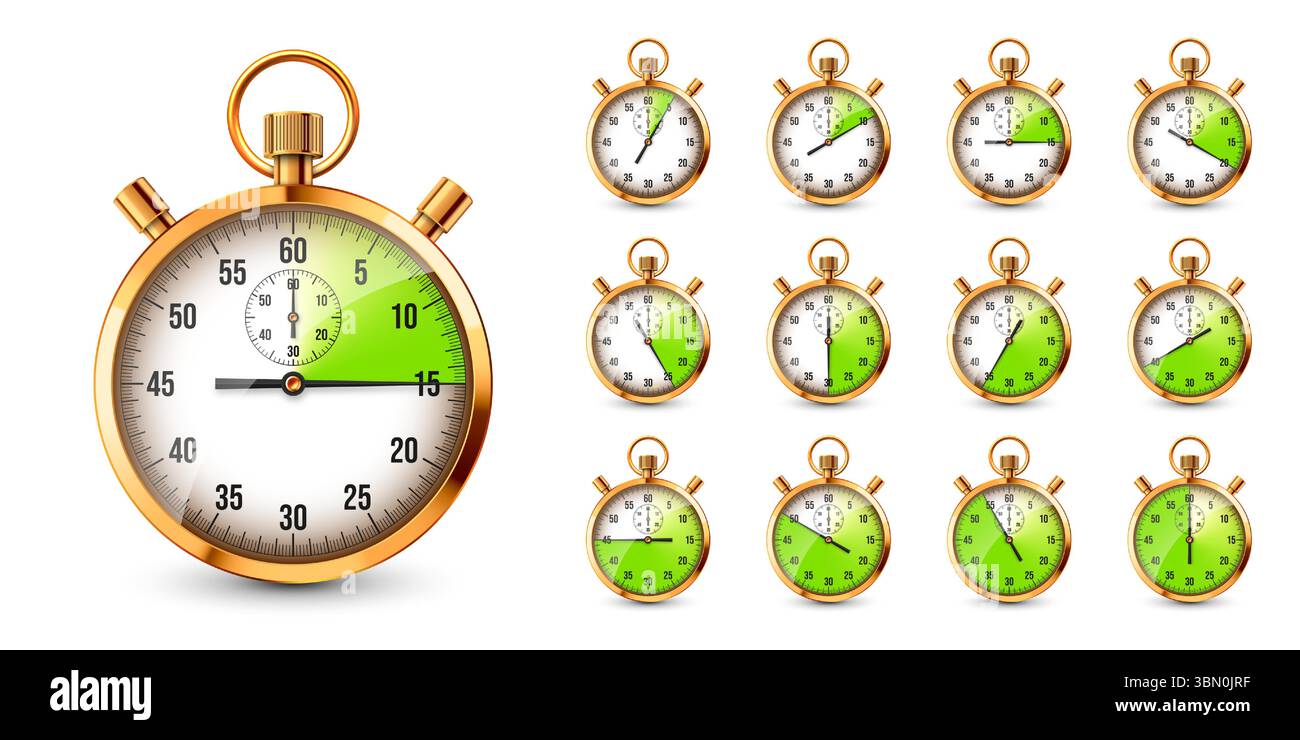 Realistic classic stopwatch. Shiny golden metal chronometer, time ...