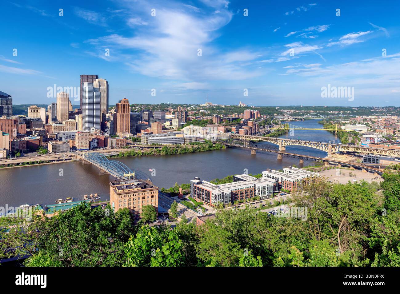 Pittsburgh city skyline from Grandview Overlook at sunset in Pittsburg, Pennsylvania. Stock Photo