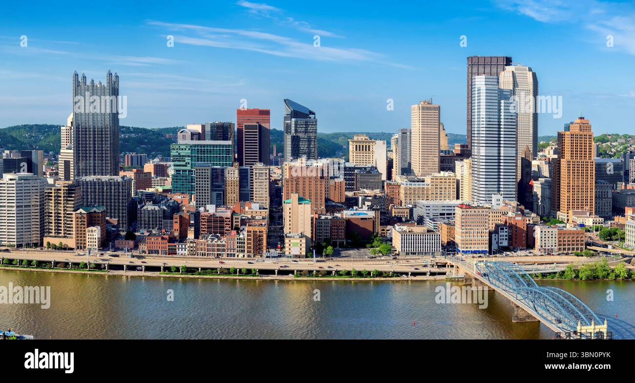 Pittsburgh downtown skyline at sunset in Pittsburgh, Pennsylvania. Stock Photo