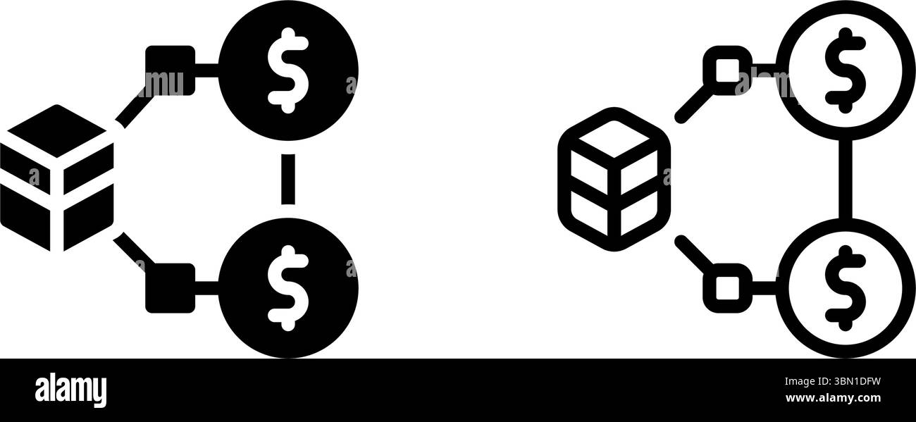 Icon set for blockchain developers with elements like code, coins, and digital architecture. Stock Vector