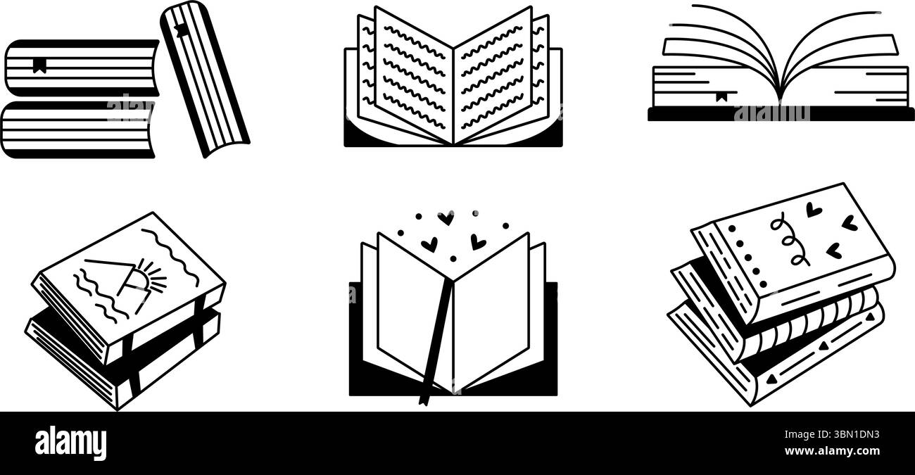 Monochrome black book set, vector icons in different variations, back to school simple sign collection Stock Vector