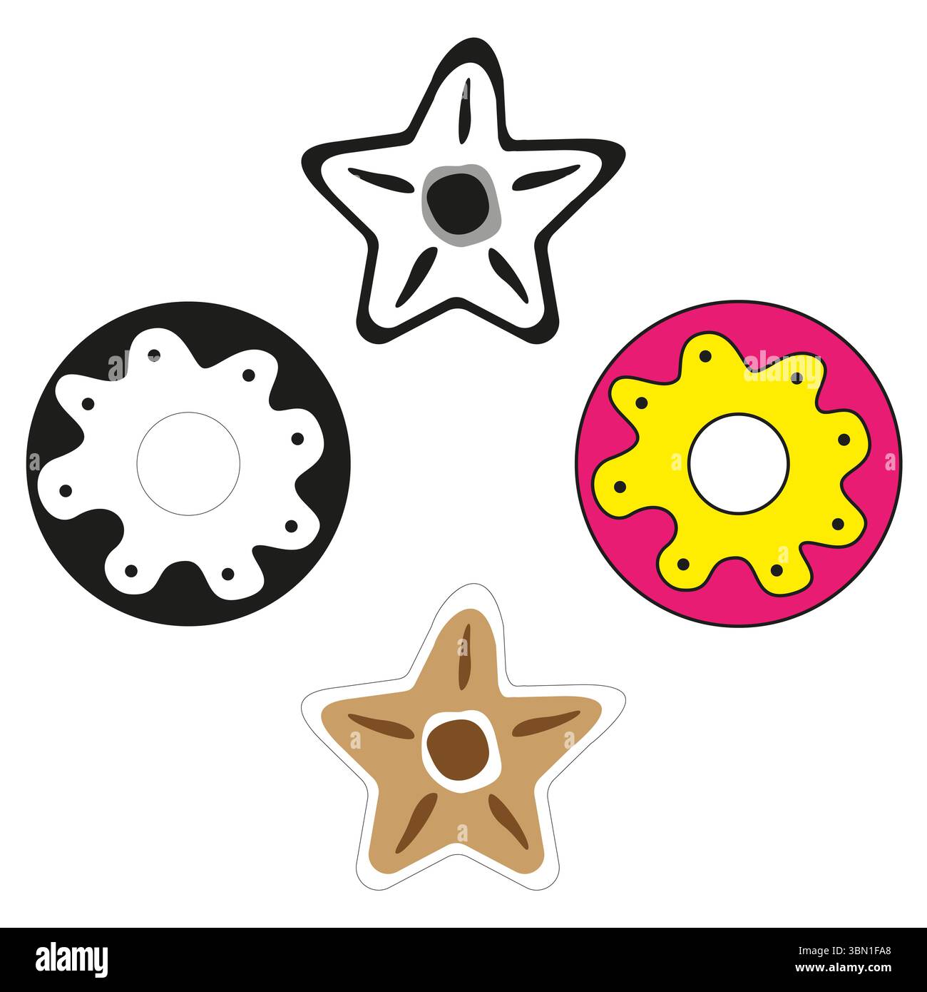 Colorful donuts icon. Pastry cookie vector. Star round shape. Topping glazed treat. Stock Vector
