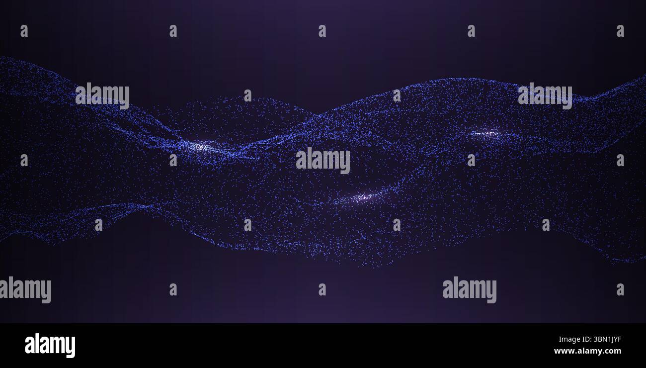 Technology background with dynamic wave. Glowing blue particles on dark backdrop. Futuristic abstract texture. Digital data concept. Deep learning des Stock Vector