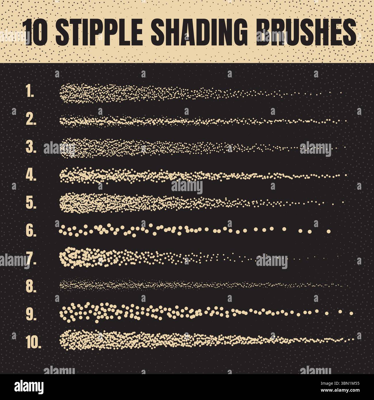 Ink scatter brush, stipple drawing and texturing. Fading gradient. Stippling, dotwork drawing, shading using dots. Halftone disintegration effect Stock Vector