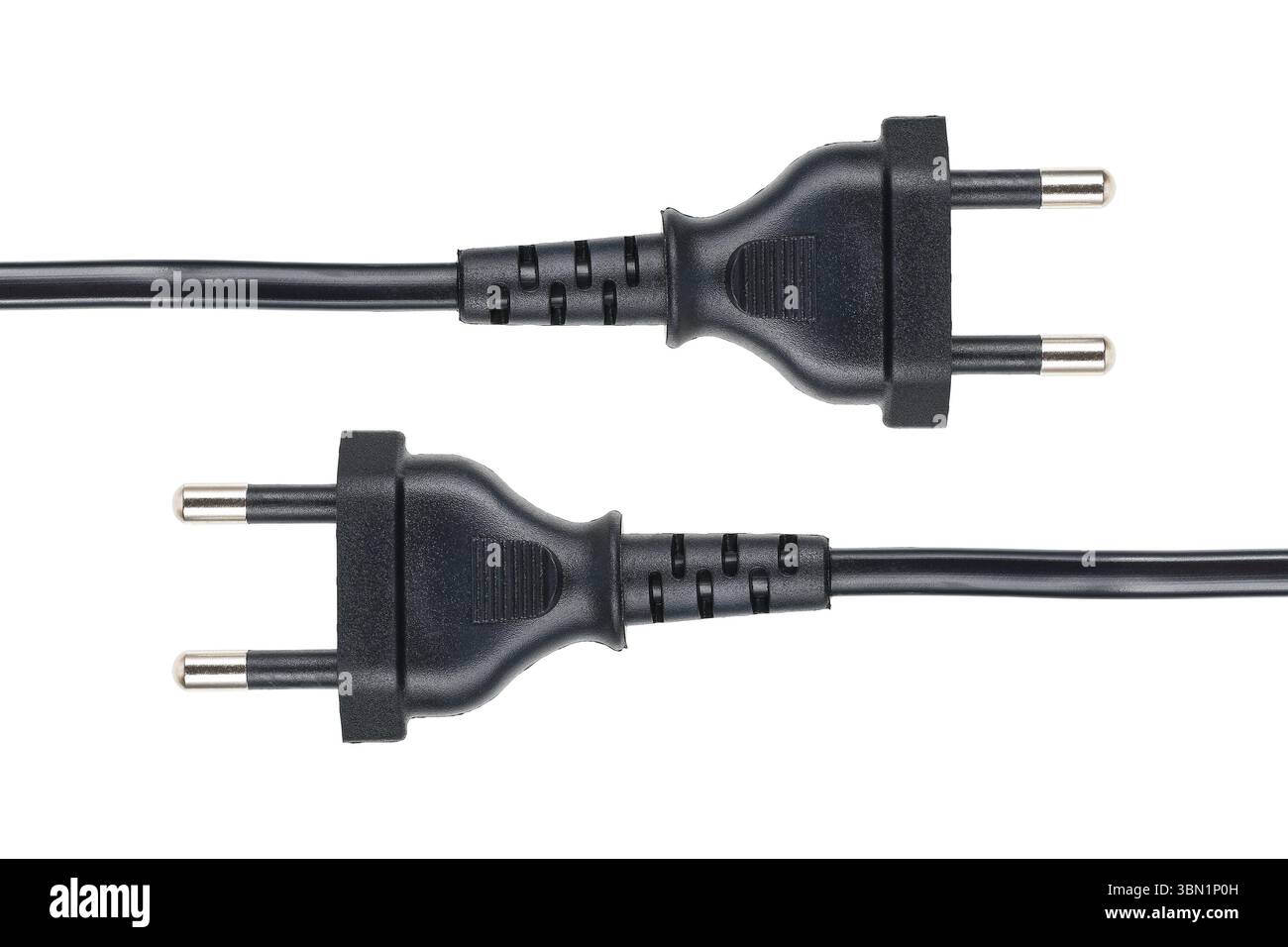 it is black electric plug with cable isolated on white. Stock Photo