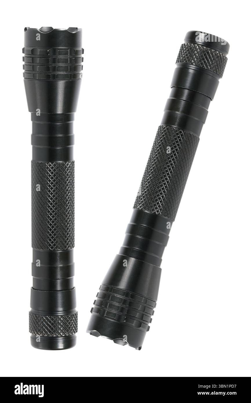 it is black flashlight isolated on white. Stock Photo