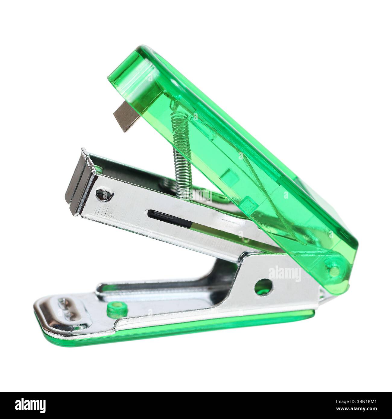 it is green stapler isolated on white. Stock Photo