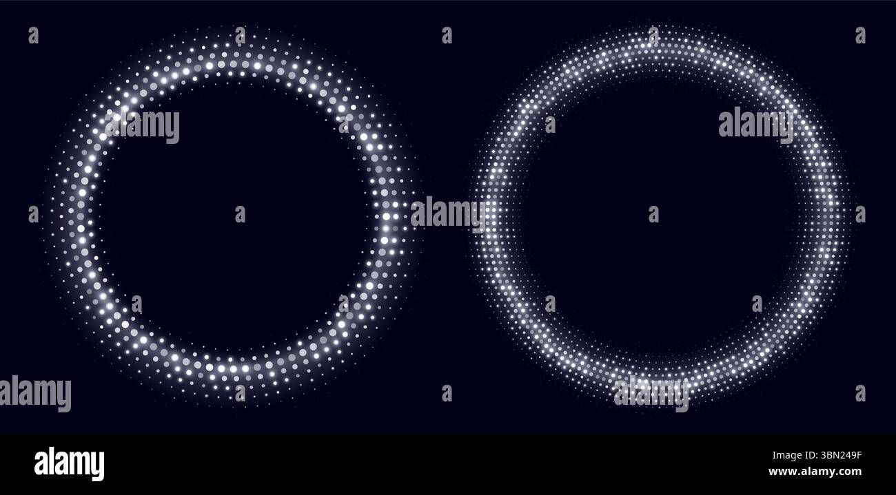 Silver halftone frames, glowing circle borders, round pattern with dots, radial disco luxury design element. Stock Vector