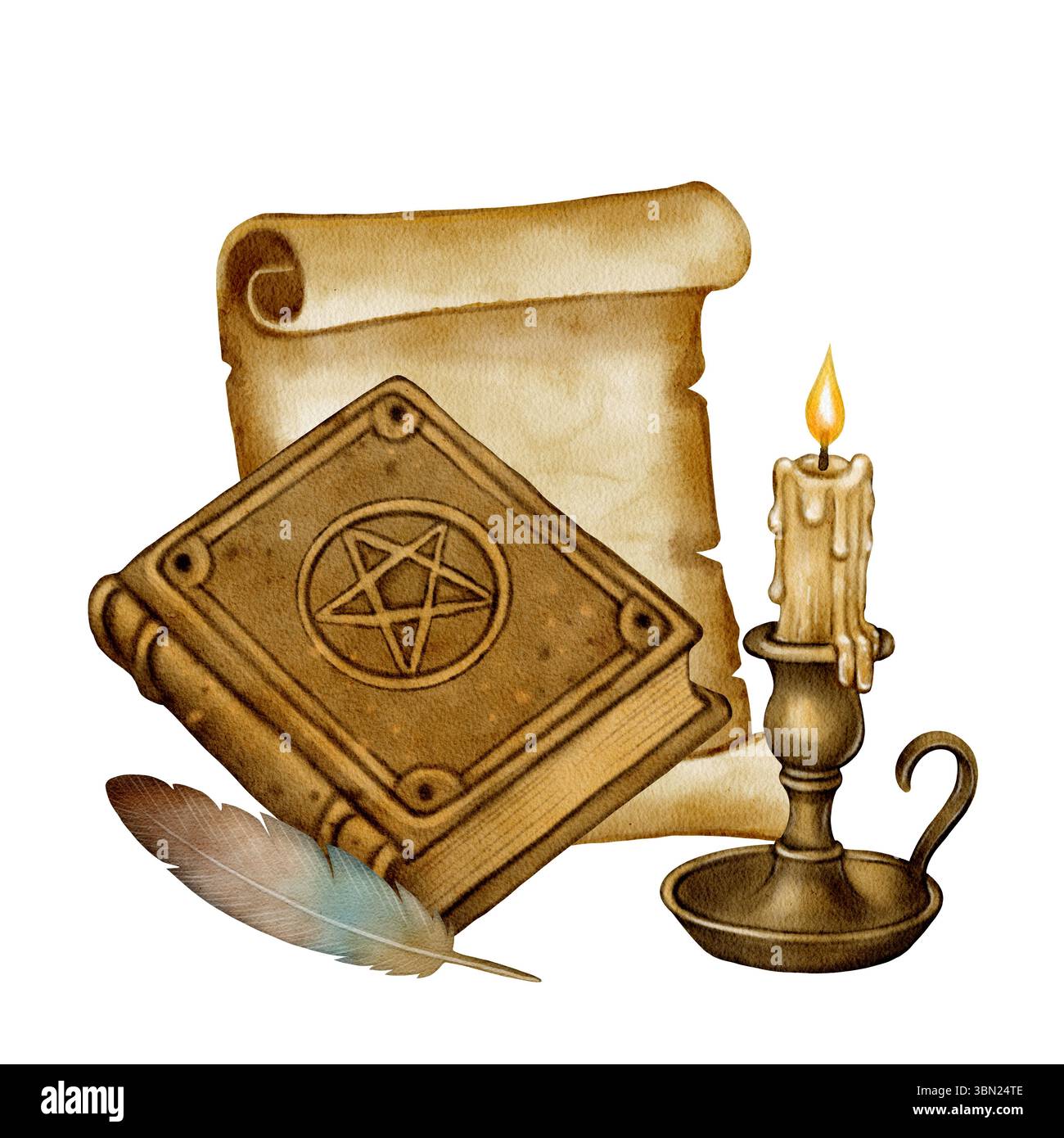 Magic spell book with scroll, burning candle, and feather. Hand-painted ...