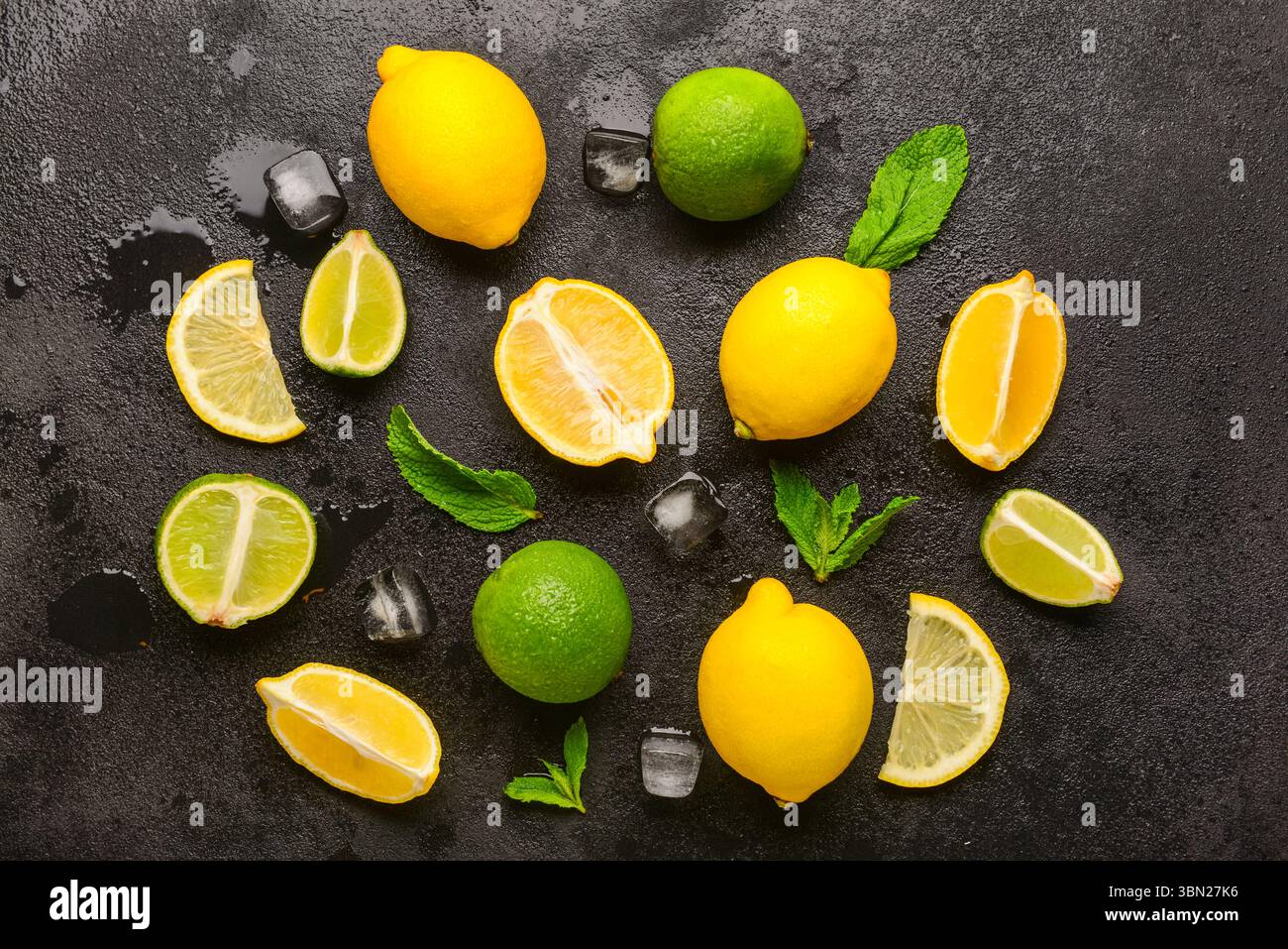 Ingredients for preparing lemonade on black background Stock Photo