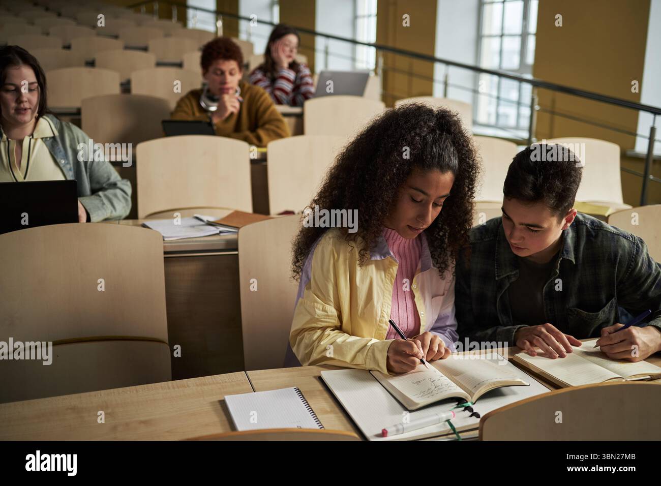 Group of multiethnic university students sitting in lecture hall, young adults collaborating on assignments, writing in notebooks, using laptops, studying together during class Stock Photo