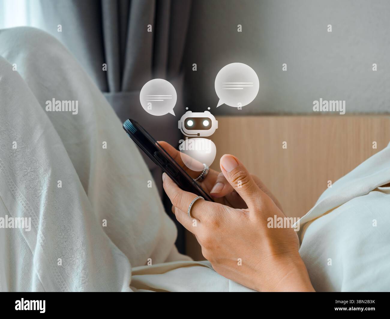 AI chatbot technology concept. Artificial intelligence conversation assistant, robot with speech bubble virtual hologram, chat GPT application on smar Stock Photo