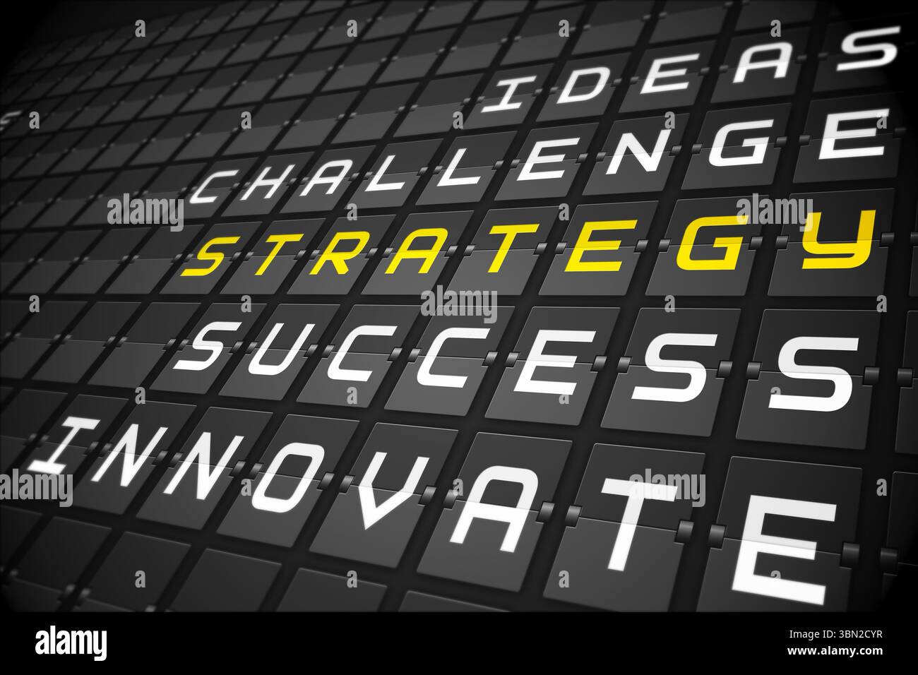 Strategy buzzwords on black mechanical board Stock Photo