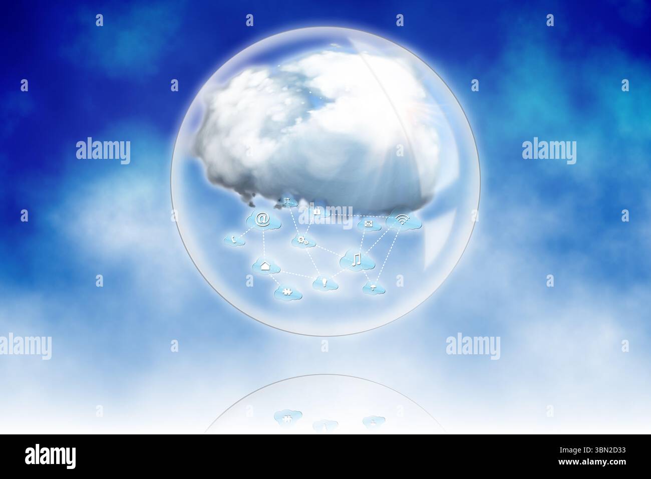 Flat design cloud computing is floating in glass sphere over gradient sky showing network icons Stock Photo