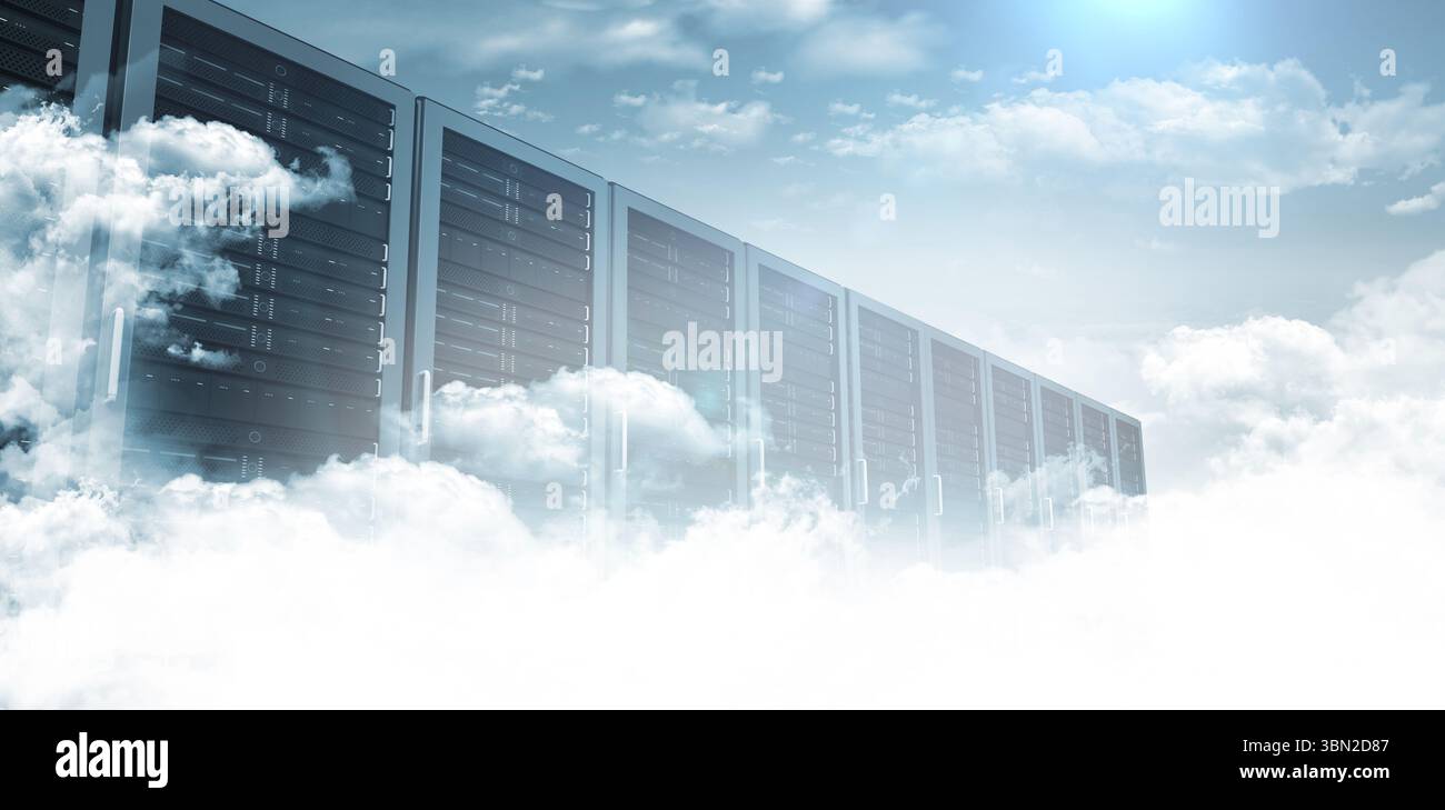 Server cabinets are emerging from cloud formations in flat design cloud computing illustration Stock Photo