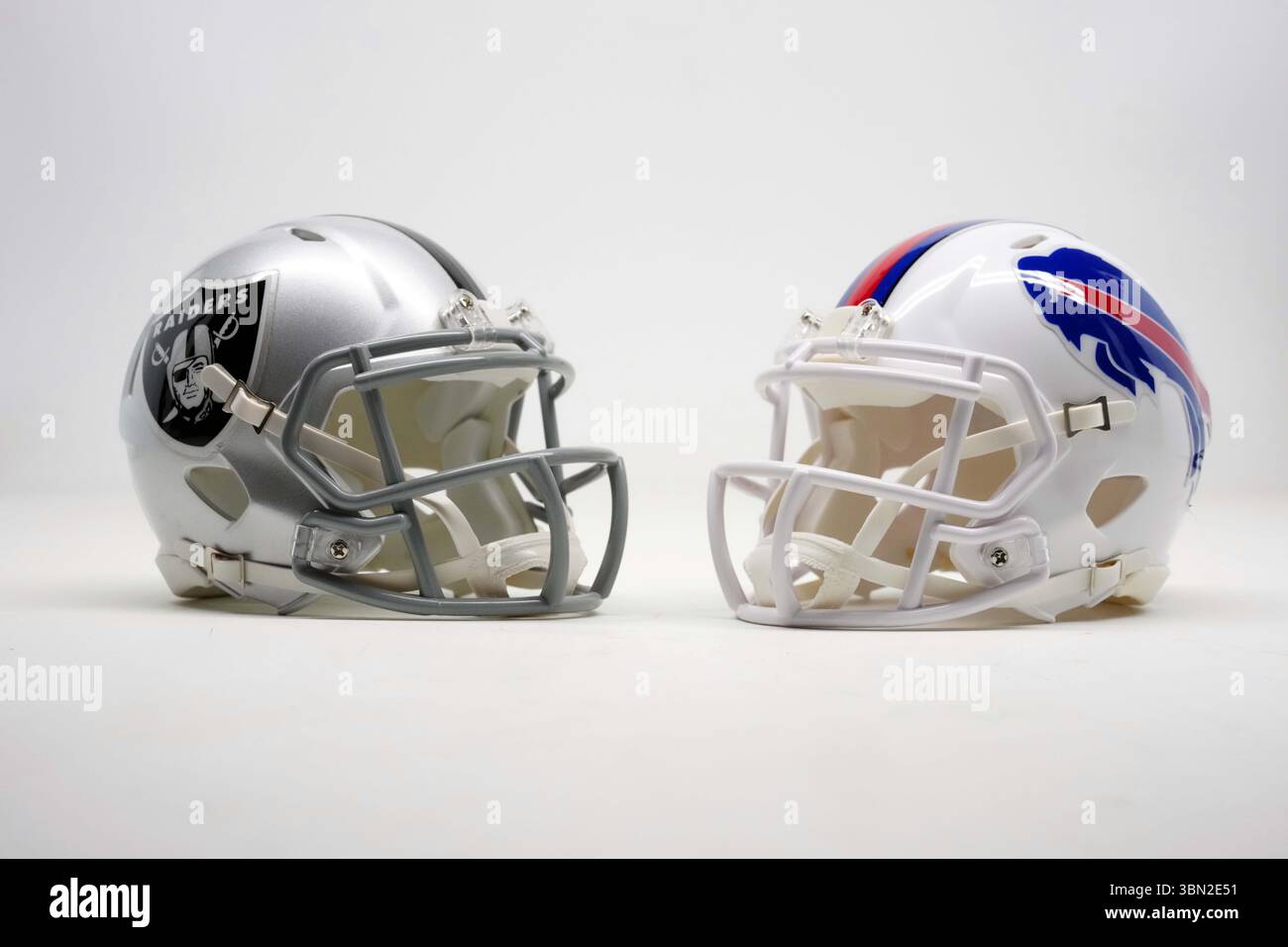 Las Vegas Raiders and Buffalo Bills helmets on March 10, 2025 Stock