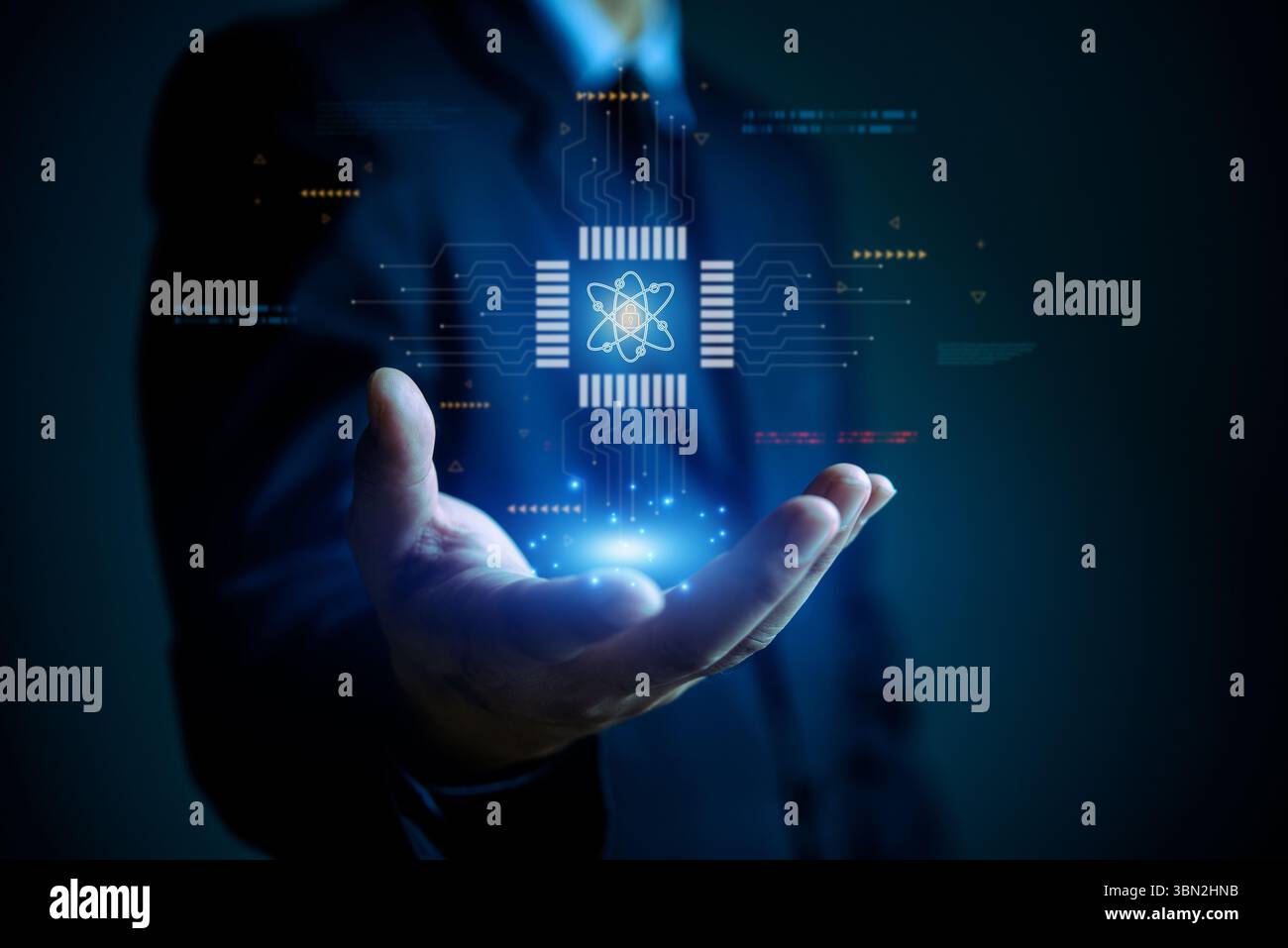 Businessman holding digital chip with quantum computing encryption symbol, representing cybersecurity, innovation, and data protection. Stock Photo