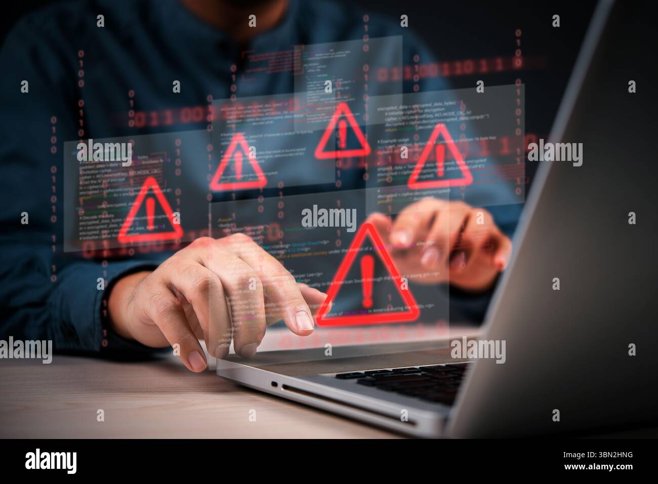 Cybersecurity warning with coding glitch and malware alert shown on digital interface, representing data breach and system vulnerability.Hacking attem Stock Photo