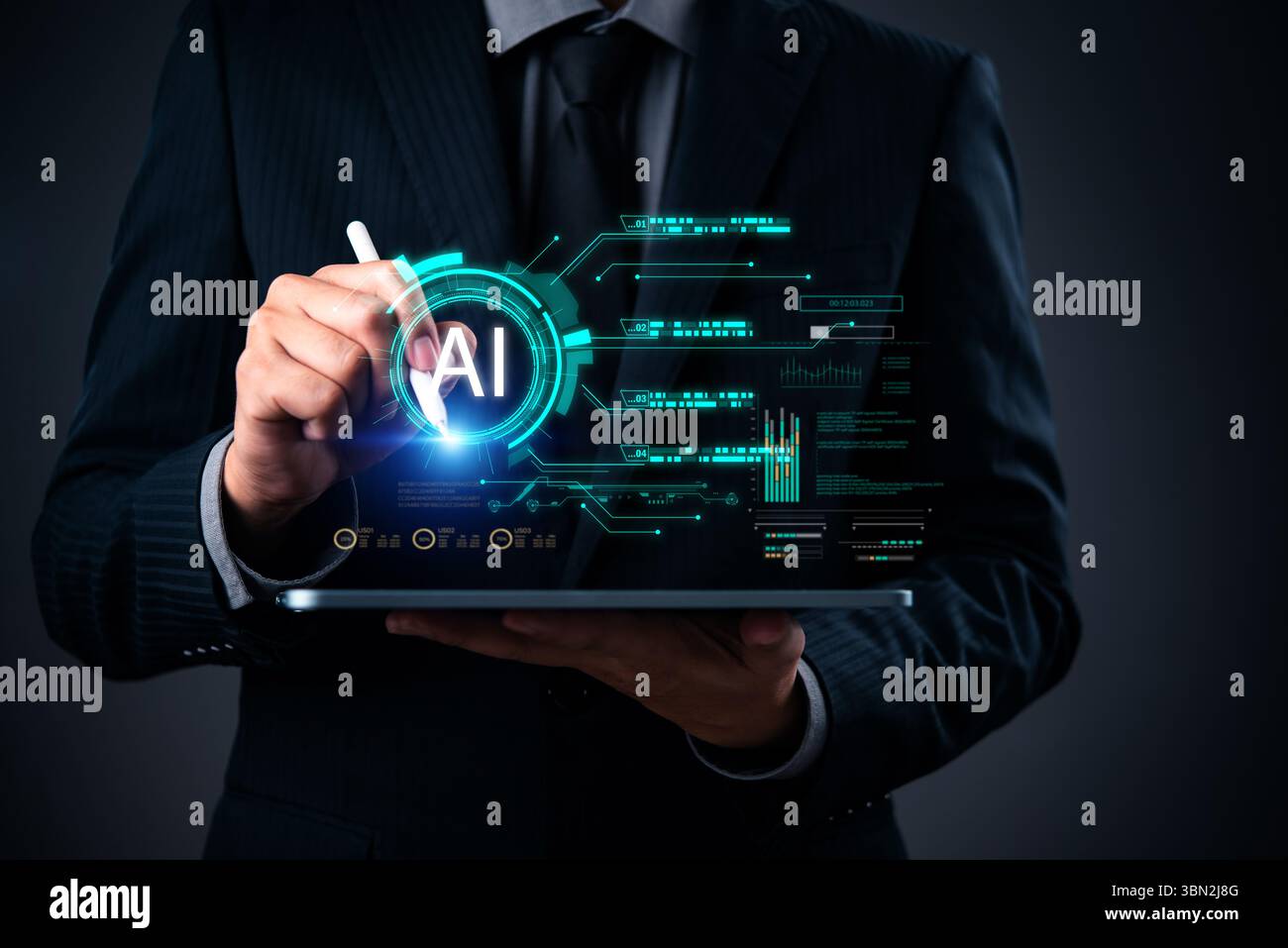 Artificial intelligence strategy development in business with digital AI analytics interface and futuristic insights. cloud computing and financial te Stock Photo