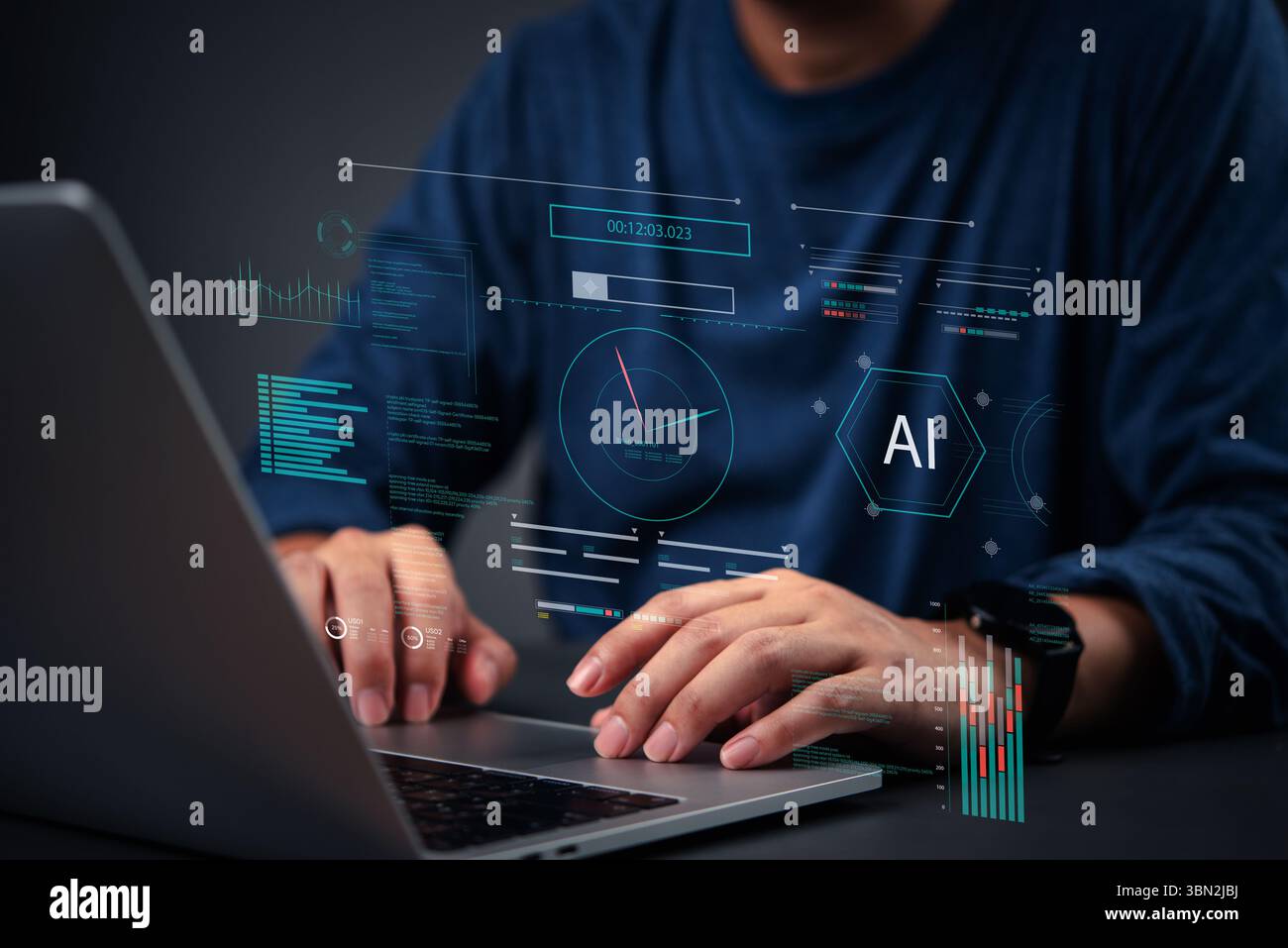 AI developer working on artificial intelligence system with futuristic data interface and machine learning analytics. Stock Photo