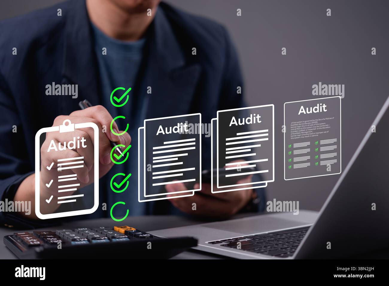 Accountant reviewing audit checklist and verifying compliance with financial documents. Suitable for audit team, financial reporting, and business aud Stock Photo