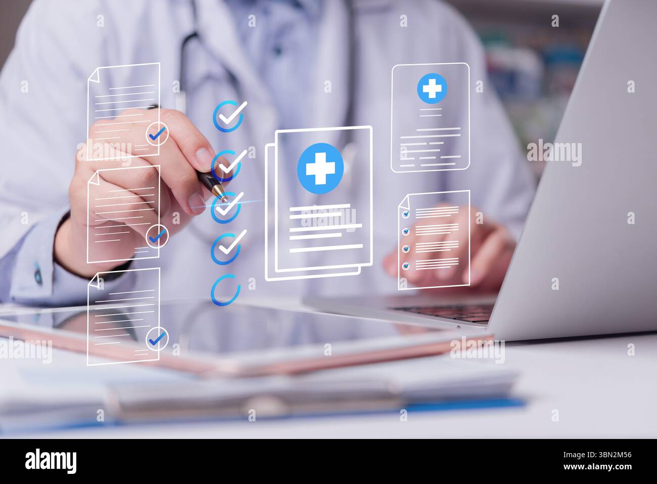 Doctor Using Checklist Online medical checklist and documentation system in use by doctor ...
