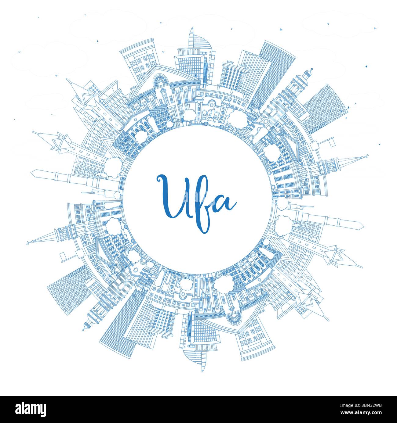 Ufa Ruusia Outline Ufa Russia city skyline with blue buildings and copy space ...