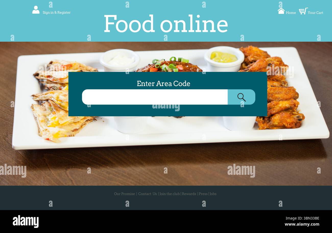 Food delivery banner showing flat design white plate with appetizers and teal search bar Stock Photo