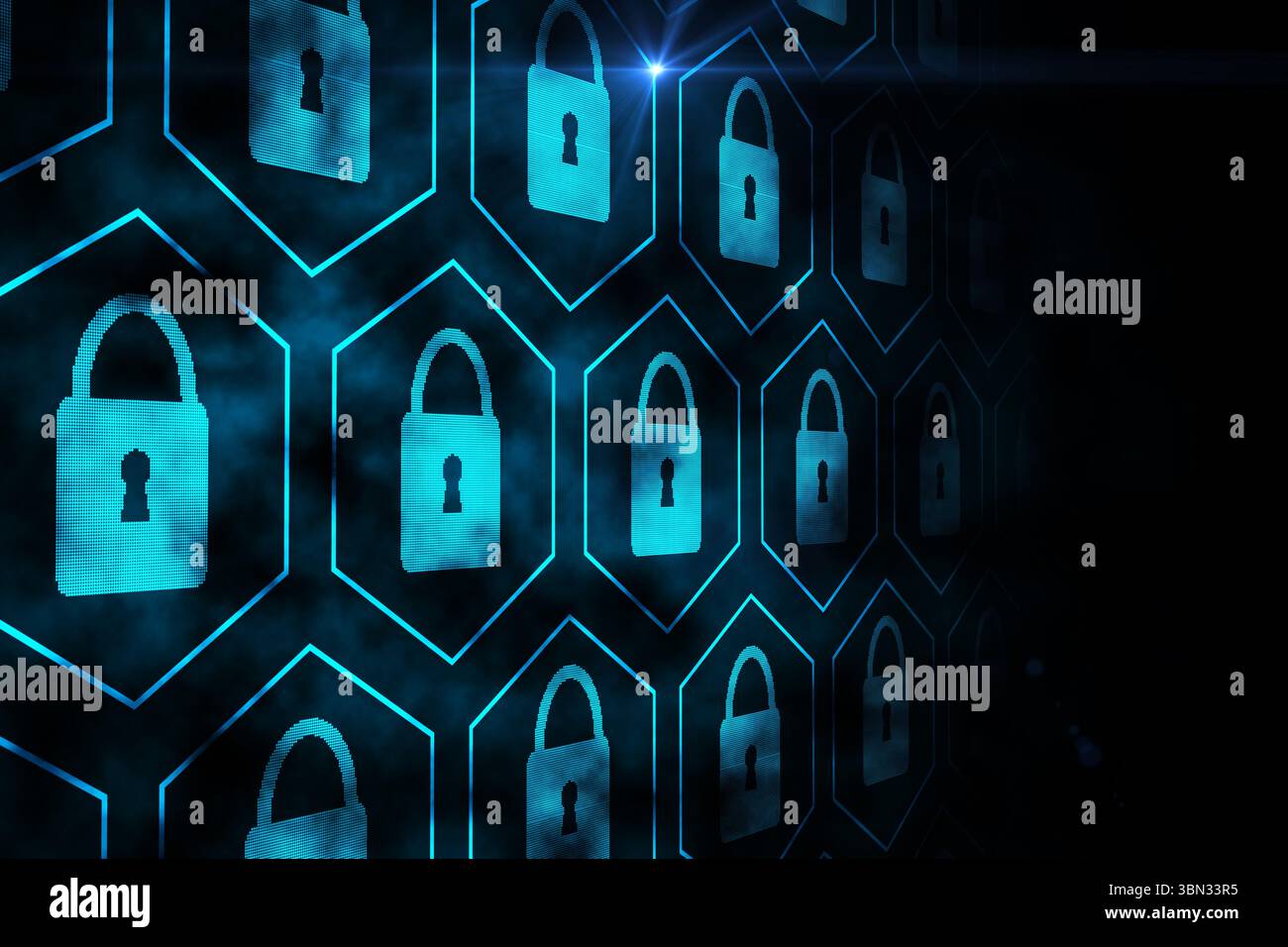 Glowing blue padlock icon grid is floating in flat design on dark smoky ...