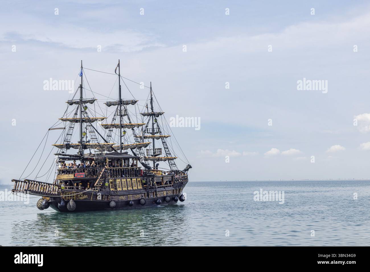 Thessaloniki, Greece - April 29, 2023: Pirate ship restaurant and cruise at waterfront of Aegean Sea in Thessaloniki in Central Macedonia in Greece Stock Photo