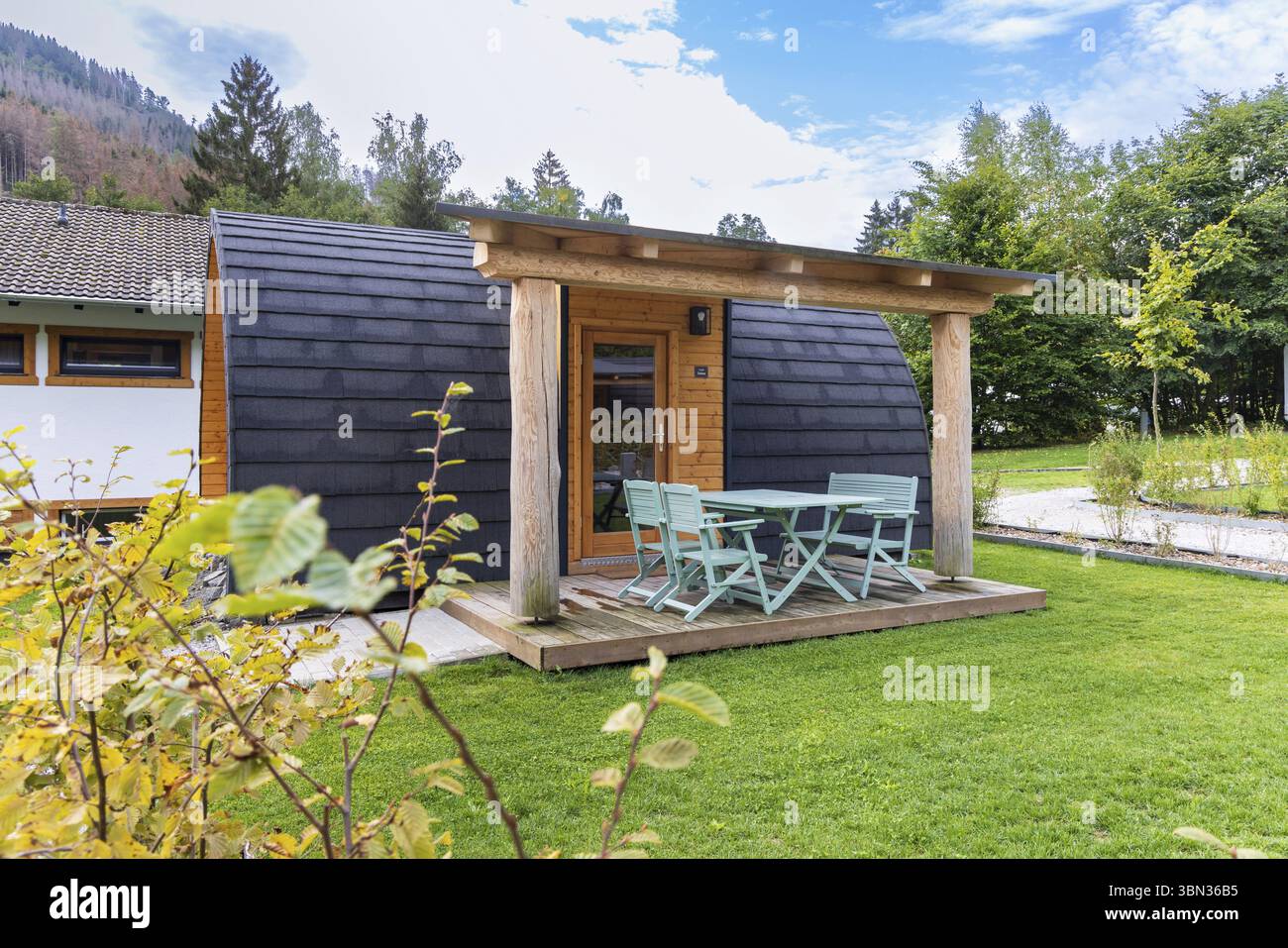 Tiny wooden houses at camp site in Goslar, Harz, Lower Saxony in Germany  Stock Photo - Alamy