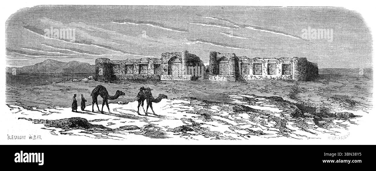 Ruins of  Persian Caravanserai, Ribat-i-Sharaf  (1114-15) on the Silk Road or Silk Route near Mazinan aka Darwazan Iran. Vintage or Historic Engraving or Illustration 1866 Stock Photo