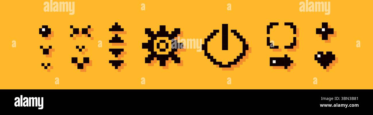 Simple pixel art dark elements. Target icon, stop, arrow, plus, heart, play, and some tiny elements. Stock Vector