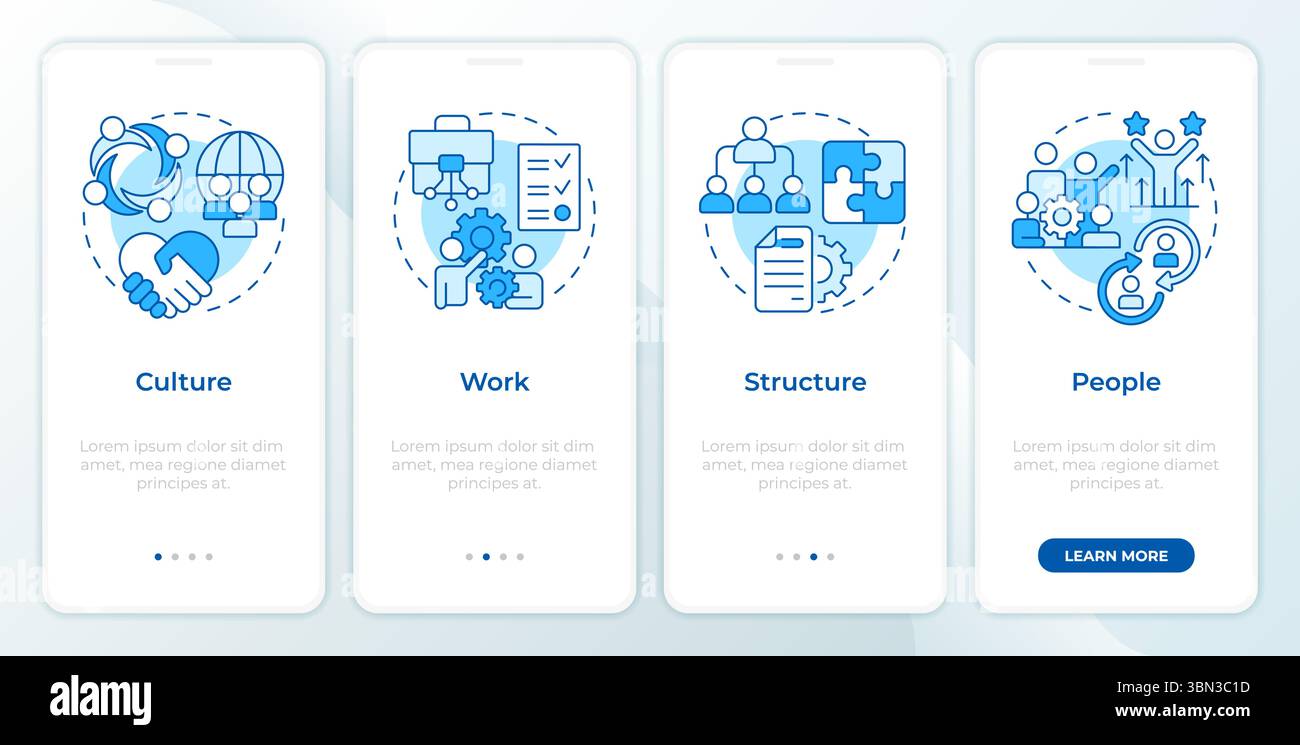Nadler Tushman congruence framework blue onboarding mobile app screen Stock Vector
