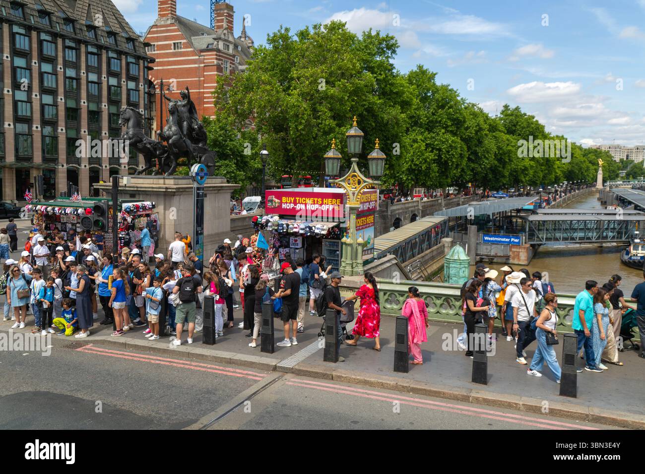 Tourists on Westminster Bridge, River Thames, Westminster, central London, England, UK Stock Photo
