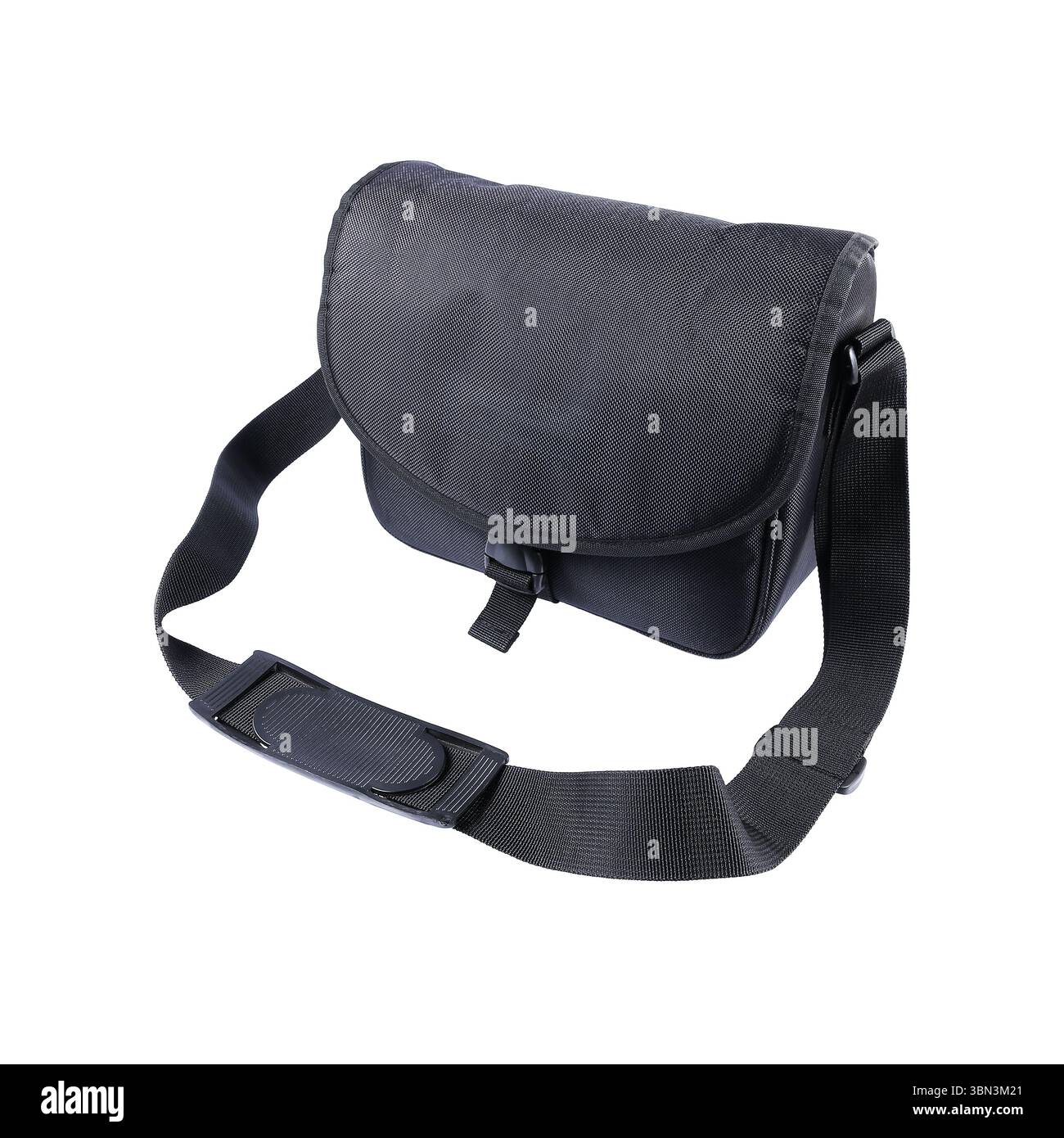 it is one black camera bag isolated on white. Stock Photo
