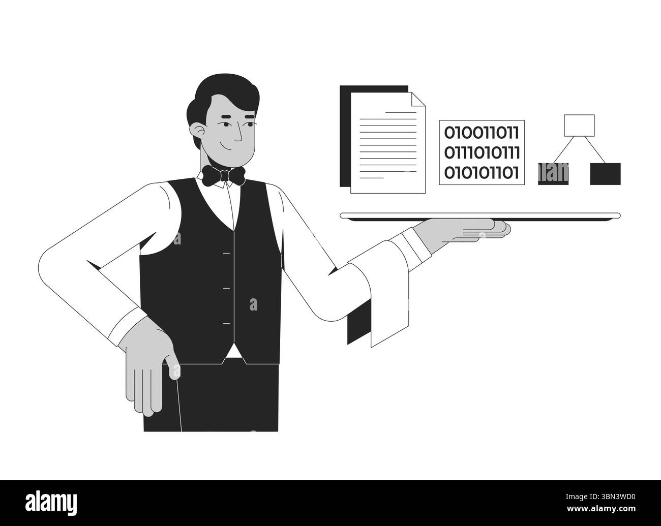 Serving up data for training AI line illustration concept Stock Vector
